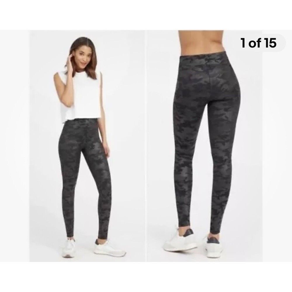 Spanx Women's Medium Black Gray Camo‎ Leggings Eco Seamless 20185R Slimming